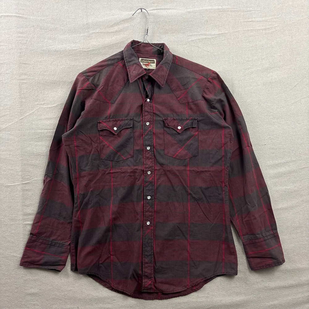 Authentic Western Youngbloods Shirt Mens Medium Burgundy Plaid Snap‎ Front Yoke